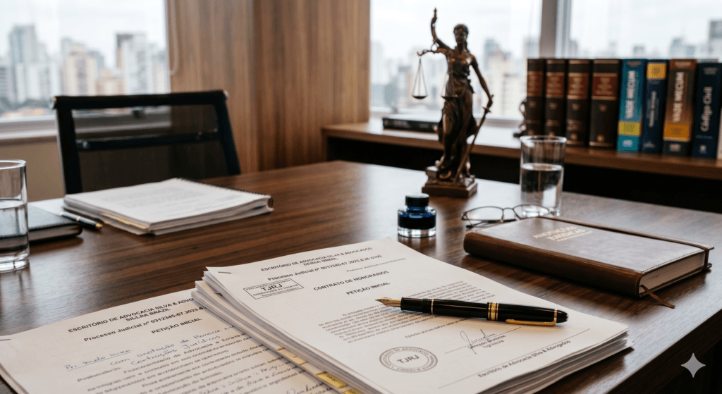 Detalhe de documentos jurídicos sobre uma mesa de reunião, representando o rigor técnico na análise de nulidade de sentença arbitral em litígios complexos