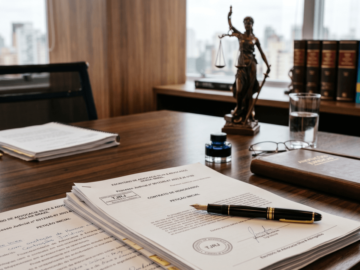 Detalhe de documentos jurídicos sobre uma mesa de reunião, representando o rigor técnico na análise de nulidade de sentença arbitral em litígios complexos