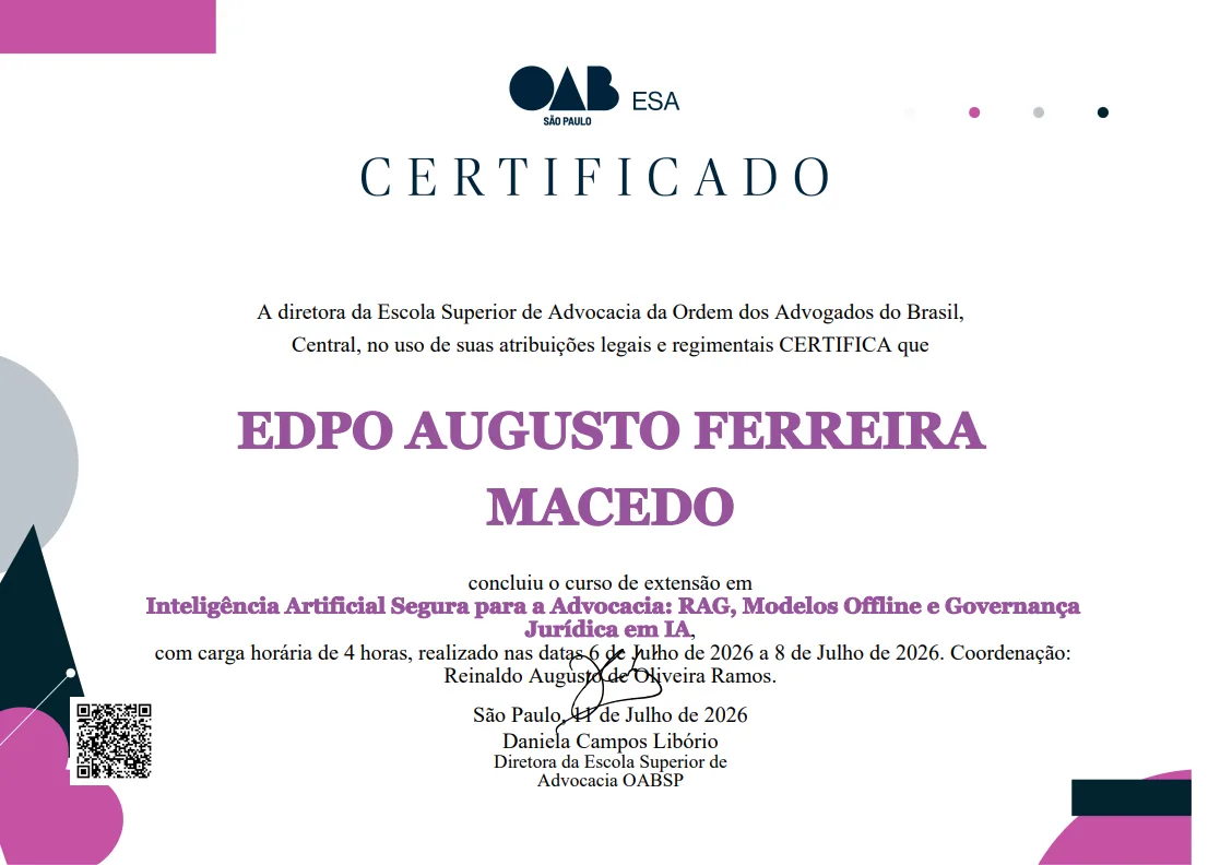 Certificado: Inteligência Artificial Segura para a Advocacia: RAG, Modelos Offline e Governança Jurídica em IA