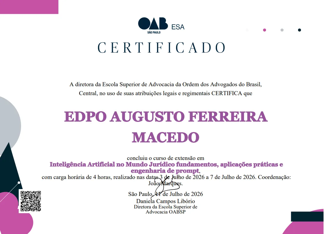 Certificado: Inteligência Artificial no Mundo Jurídico: fundamentos, aplicações práticas e engenharia de prompt