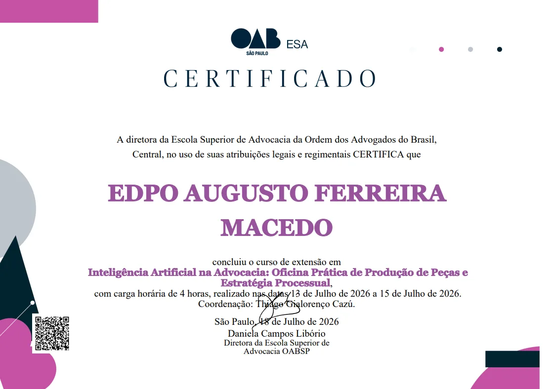 Certificado: Inteligência Artificial na Advocacia: Oficina Prática de Produção de Peças e Estratégia Processual