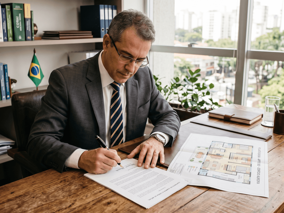 Profissional analisando documentos para iniciar uma adjudicação compulsória de imóvel.