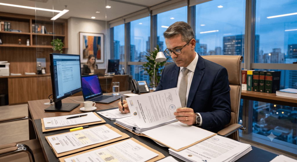 Profissional jurídico preparando a documentação necessária para o cancelamento de protesto