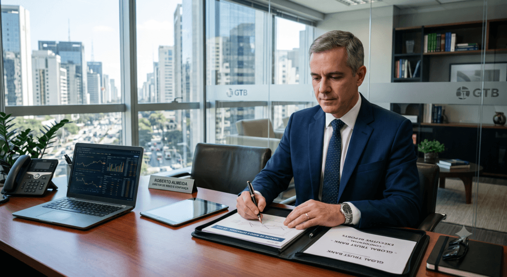 Profissionais analisando documentos sobre os requisitos legais do cargo de confiança bancário.