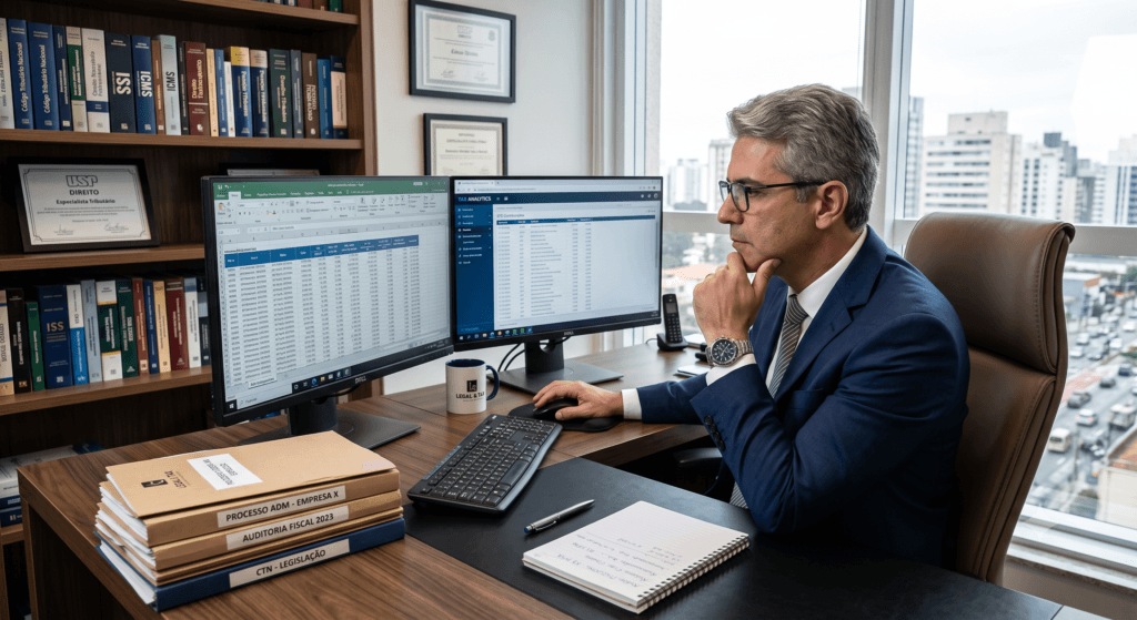 Advogado especialista preparando um habeas data tributário em seu escritório profissional