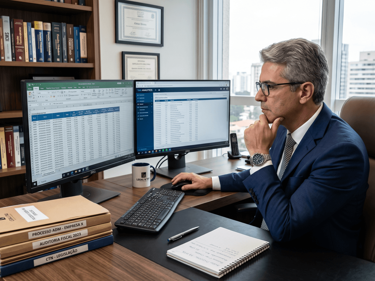 Advogado especialista preparando um habeas data tributário em seu escritório profissional