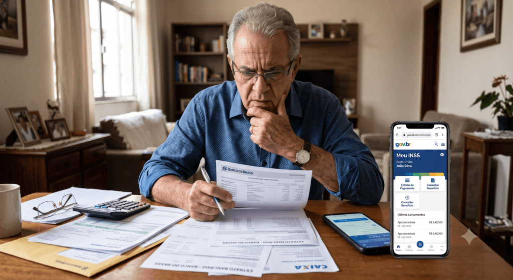 Um segurado preocupado verificando documentos bancários após ser vítima de uma portabilidade indevida em seu benefício previdenciário.