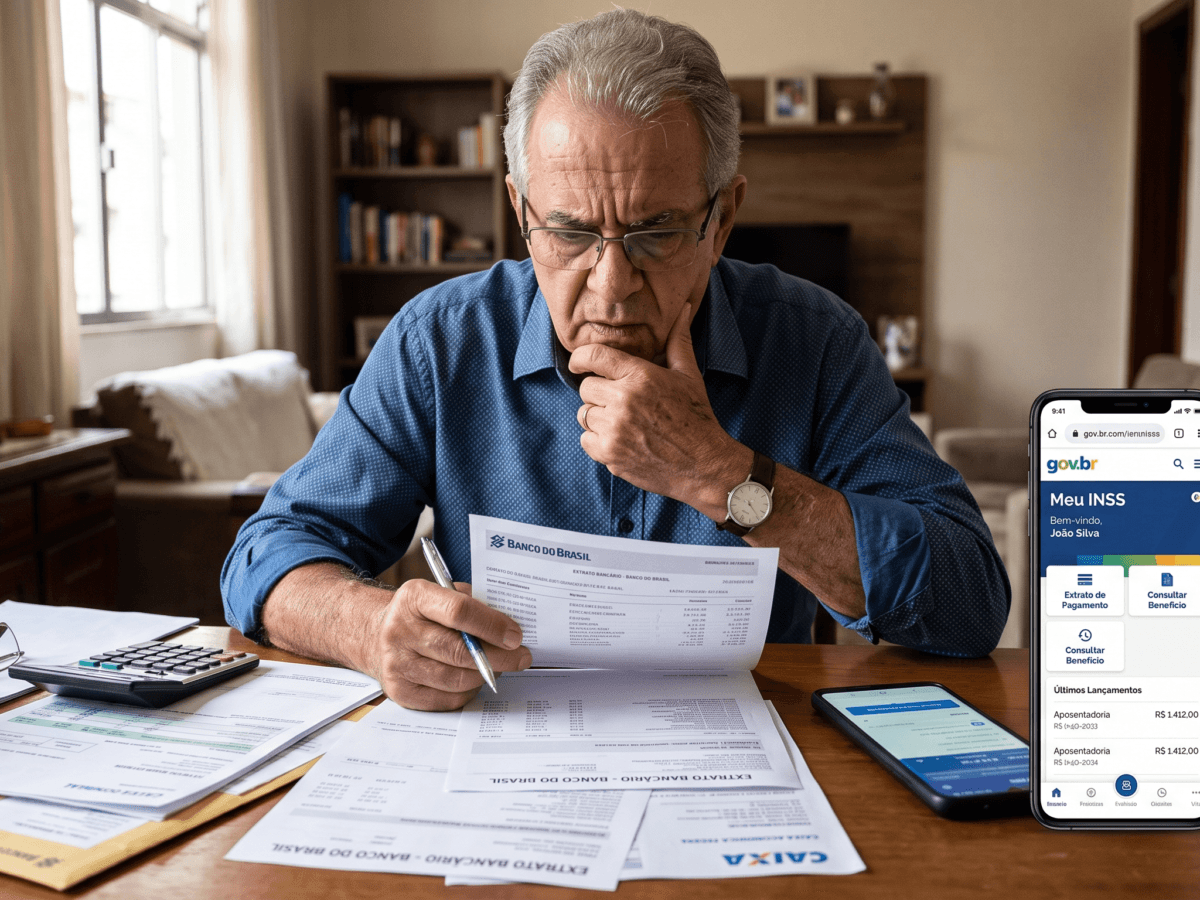 Um segurado preocupado verificando documentos bancários após ser vítima de uma portabilidade indevida em seu benefício previdenciário.