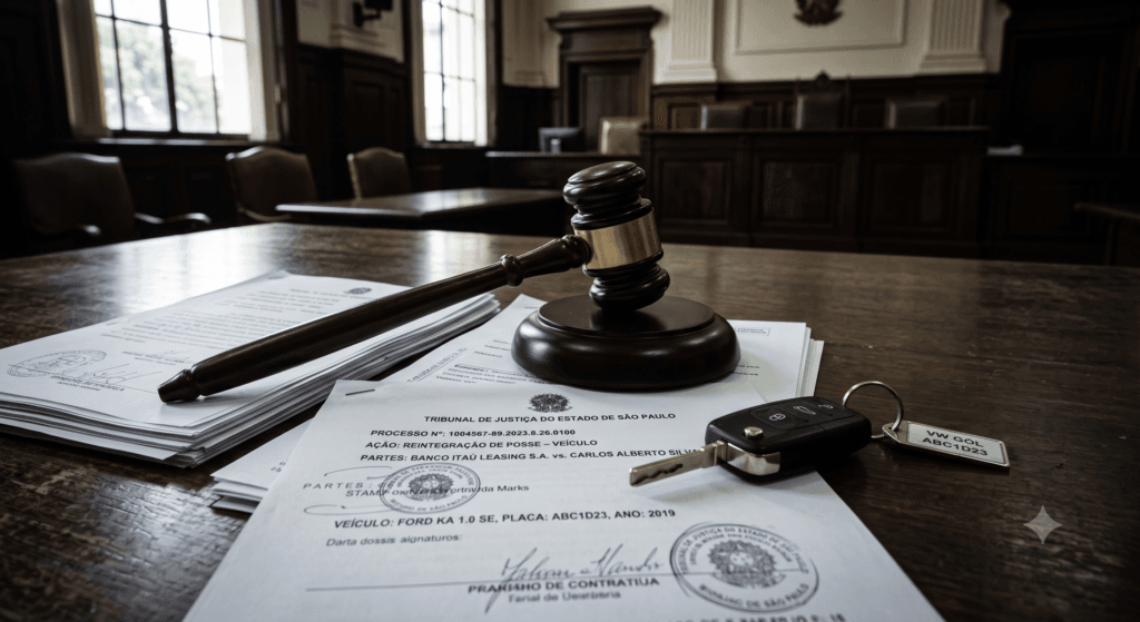 Documentos processuais e chaves de veículo representando o processo de restituição de bem apreendido na justiça federal.