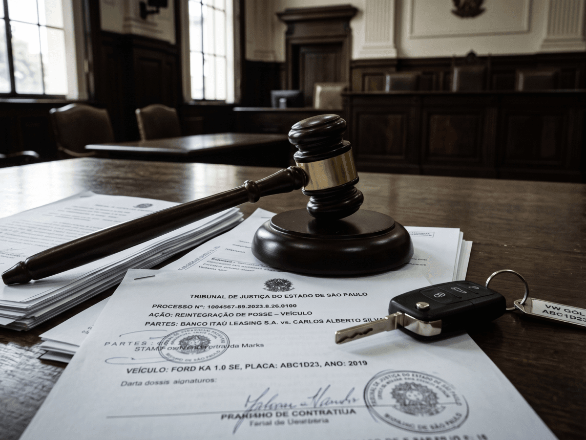 Documentos processuais e chaves de veículo representando o processo de restituição de bem apreendido na justiça federal.