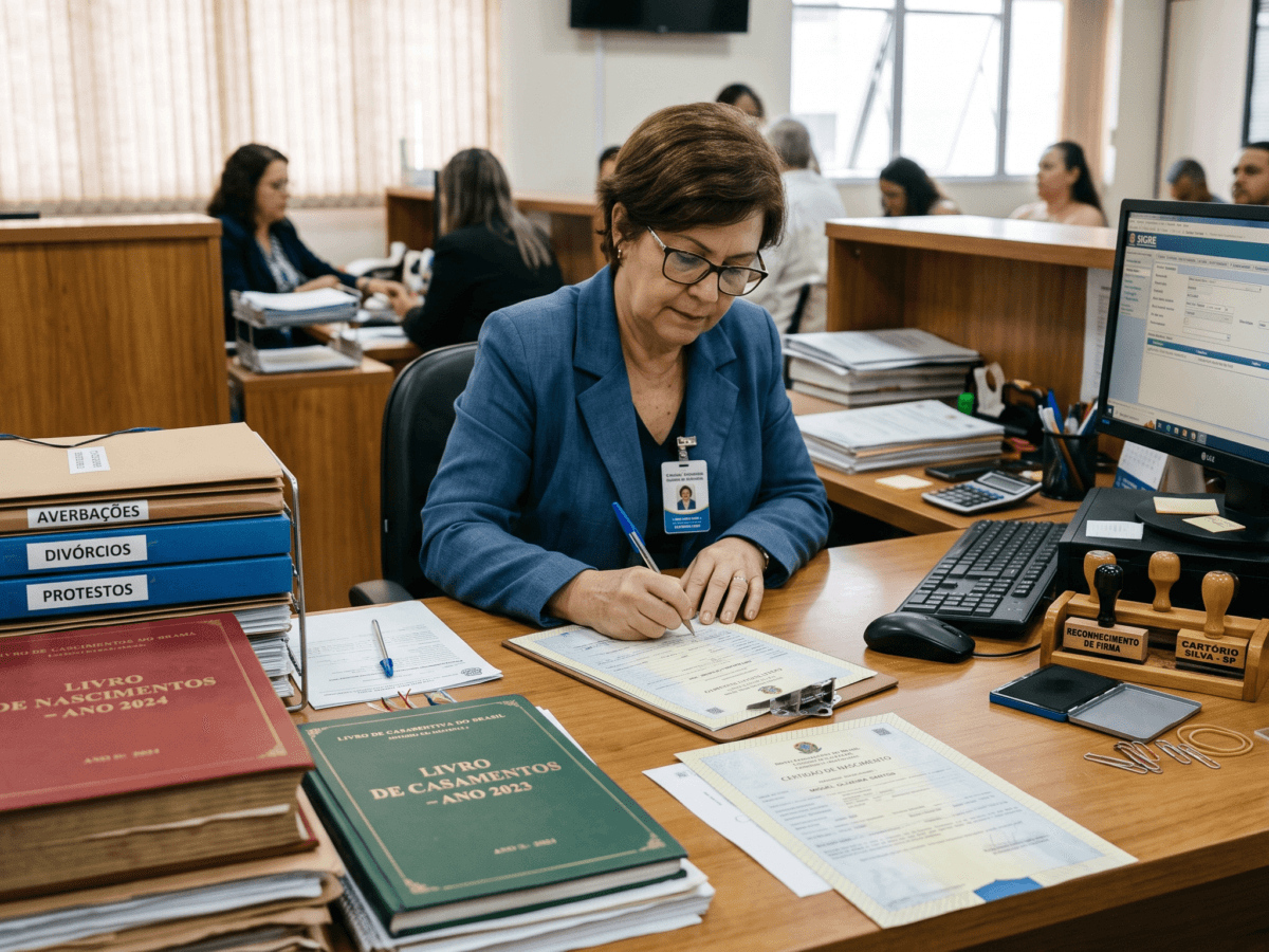 Documentos legais sobre a mesa organizados para o processo de retificação de registro civil