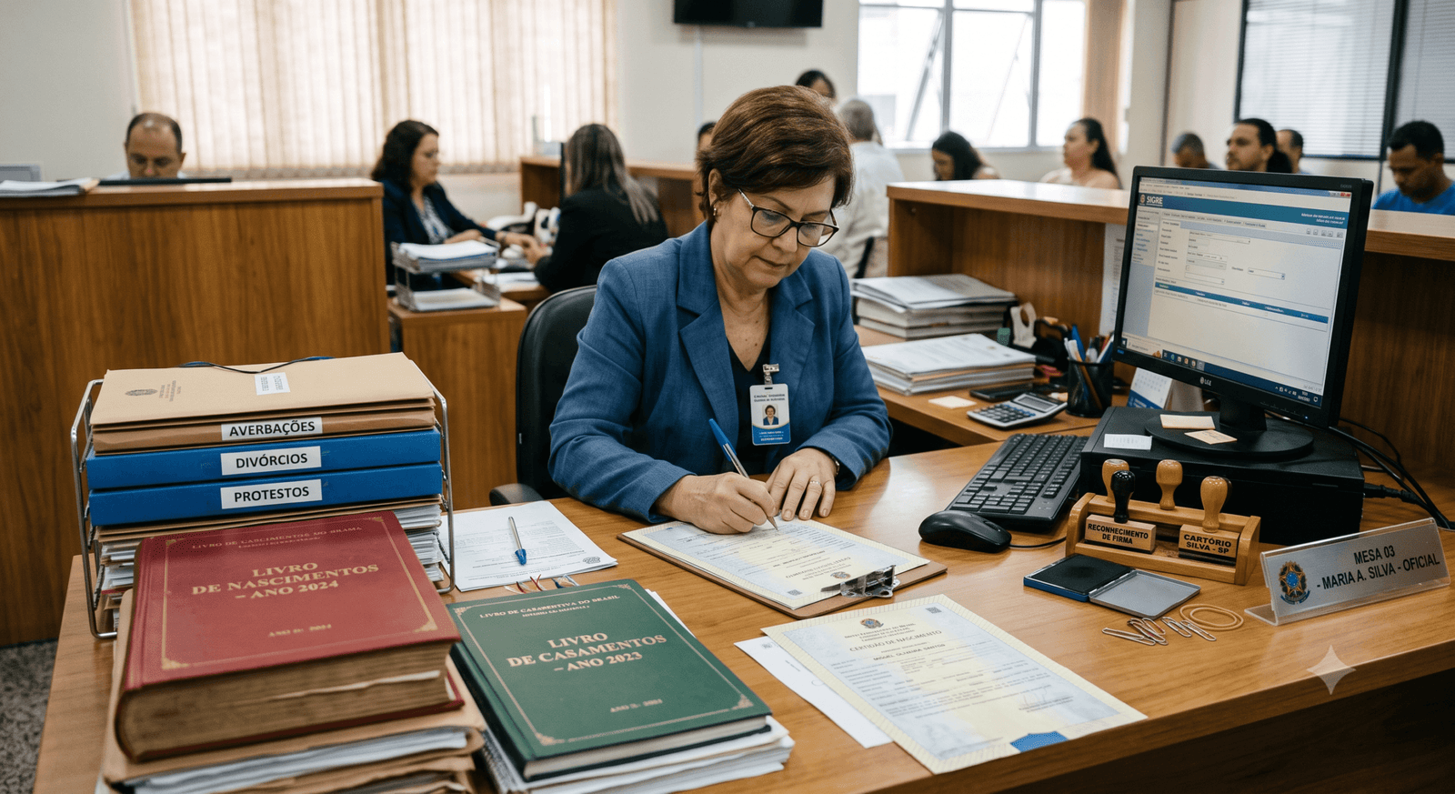 Documentos legais sobre a mesa organizados para o processo de retificação de registro civil