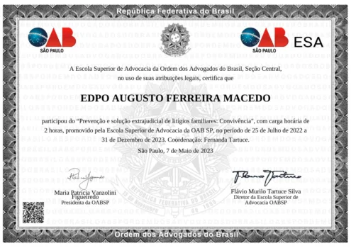 Certificado: Prevenção e solução extrajudicial de litígios familiares: convivência