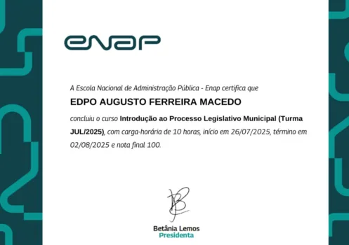 Certificado: Introdução ao Processo Legislativo Municipal