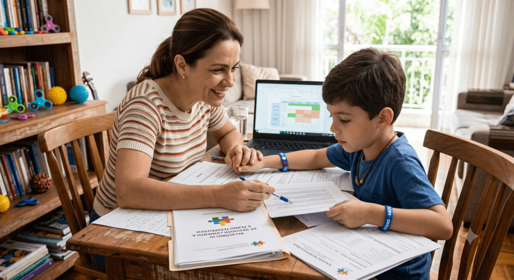 Mãe e filho organizando documentos necessários para solicitar o BPC para autista