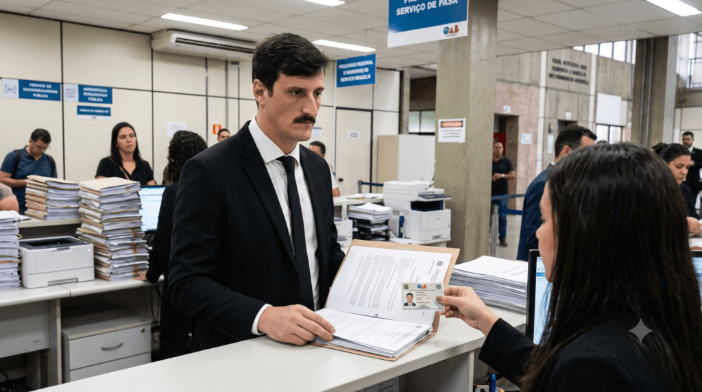 Advogado realizando o acompanhamento técnico de documentos em repartição pública