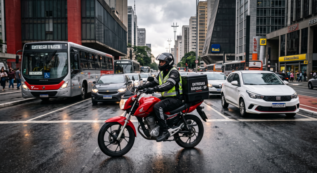 Trabalhador no trânsito exercendo sua função com direito ao adicional de periculosidade para motociclistas.