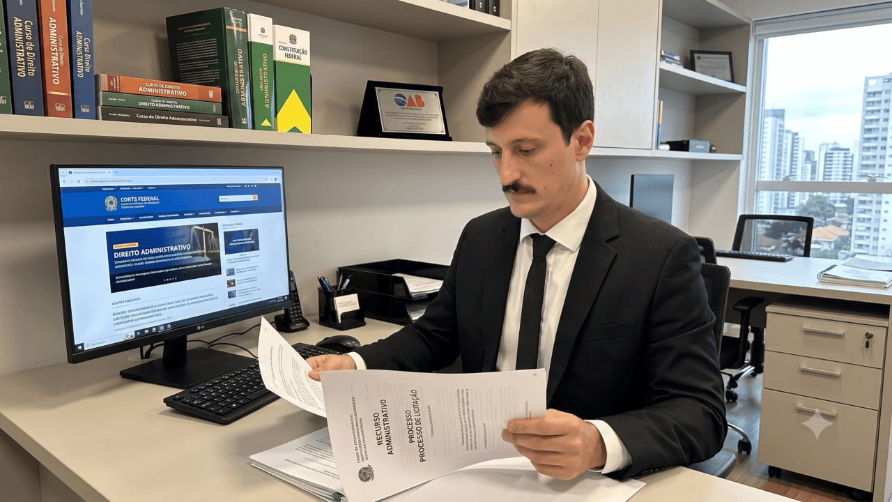 Profissionais especializados em advocacia administrativista analisando um contrato público