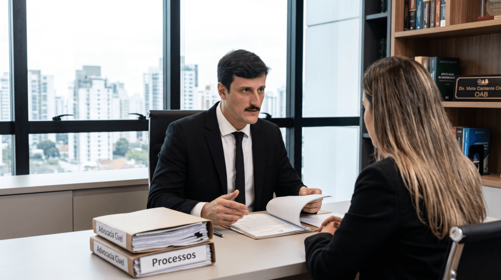 Profissionais atuando estrategicamente na advocacia cível em reunião de alinhamento