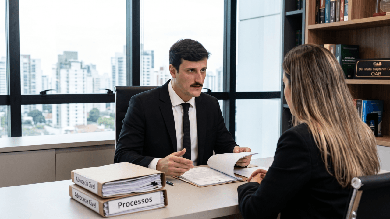 Profissionais atuando estrategicamente na advocacia cível em reunião de alinhamento