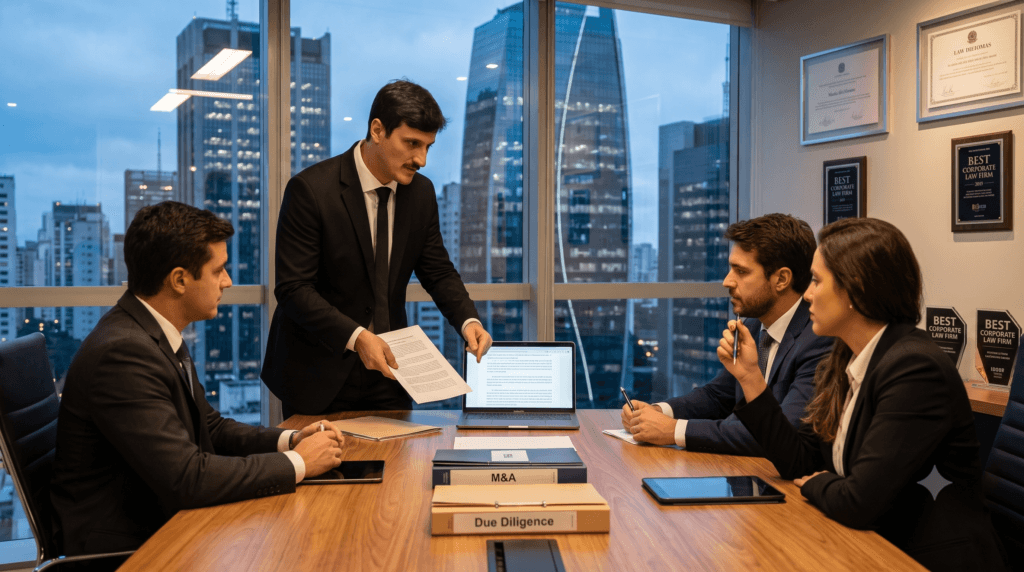 Especialistas em advocacia empresarial discutindo estratégias de governança corporativa e proteção legal para empresas