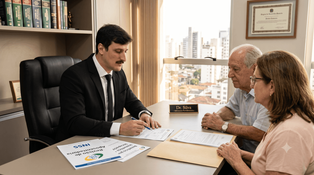 Um profissional concentrado exercendo a advocacia previdenciária em seu escritório moderno
