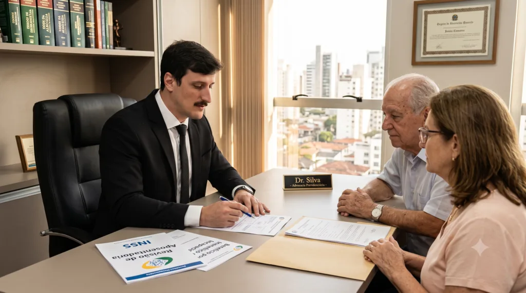 Um profissional concentrado exercendo a advocacia previdenciária em seu escritório moderno