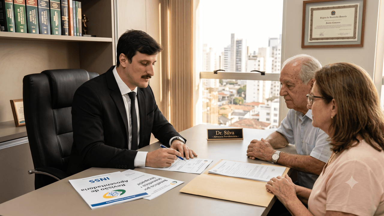 Um profissional concentrado exercendo a advocacia previdenciária em seu escritório moderno