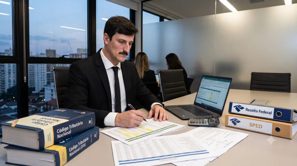 Equipe analisando documentos financeiros com o auxílio da advocacia tributária