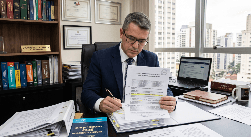 Detalhe de auditoria contábil e jurídica em contratos para identificar a amortização negativa no SFH.