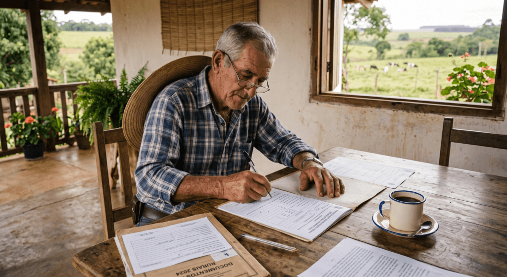 Trabalhador preenchendo a autodeclaração rural para dar entrada na aposentadoria.