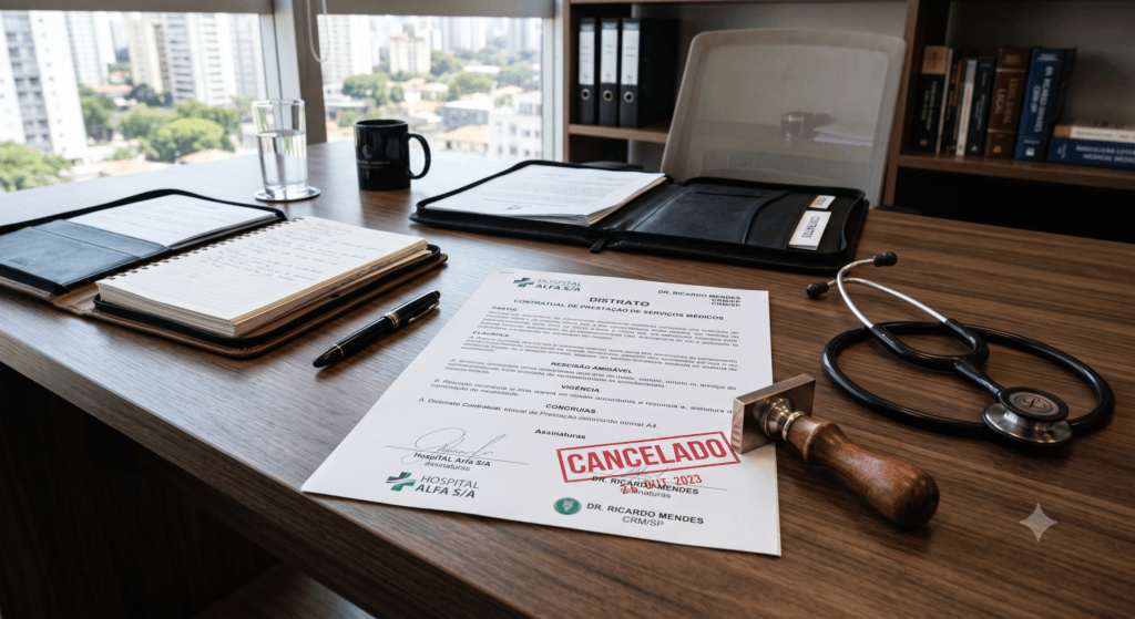 Um processo jurídico e administrativo para o cancelamento de plano de saúde empresarial sobre a mesa.
