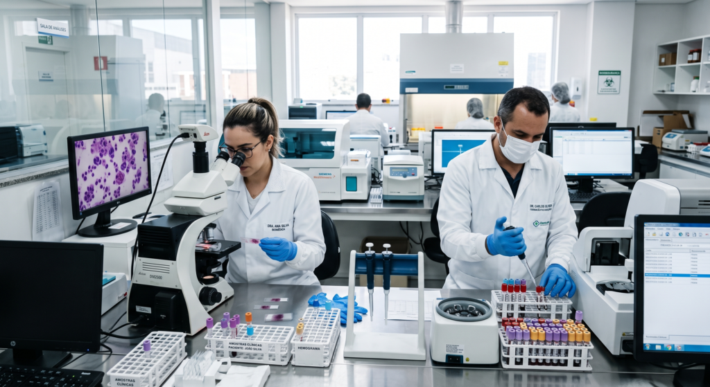 Profissionais de saúde atuando sob contrato de cessão de mão de obra em laboratório clínico.