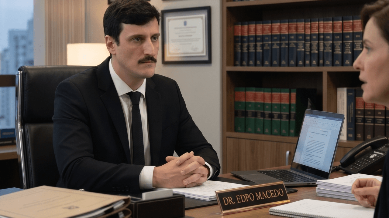 Advogado analisando documentos durante uma consulta jurídica presencial no escritório.