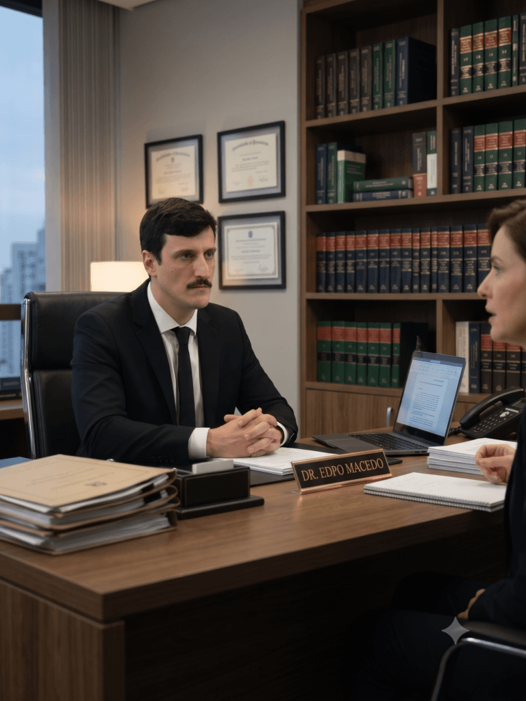 Advogado analisando documentos durante uma consulta jurídica presencial no escritório.