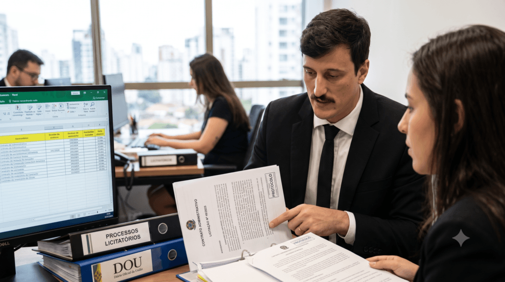Equipe jurídica especializada traçando estratégias para a gestão de contratos administrativos.