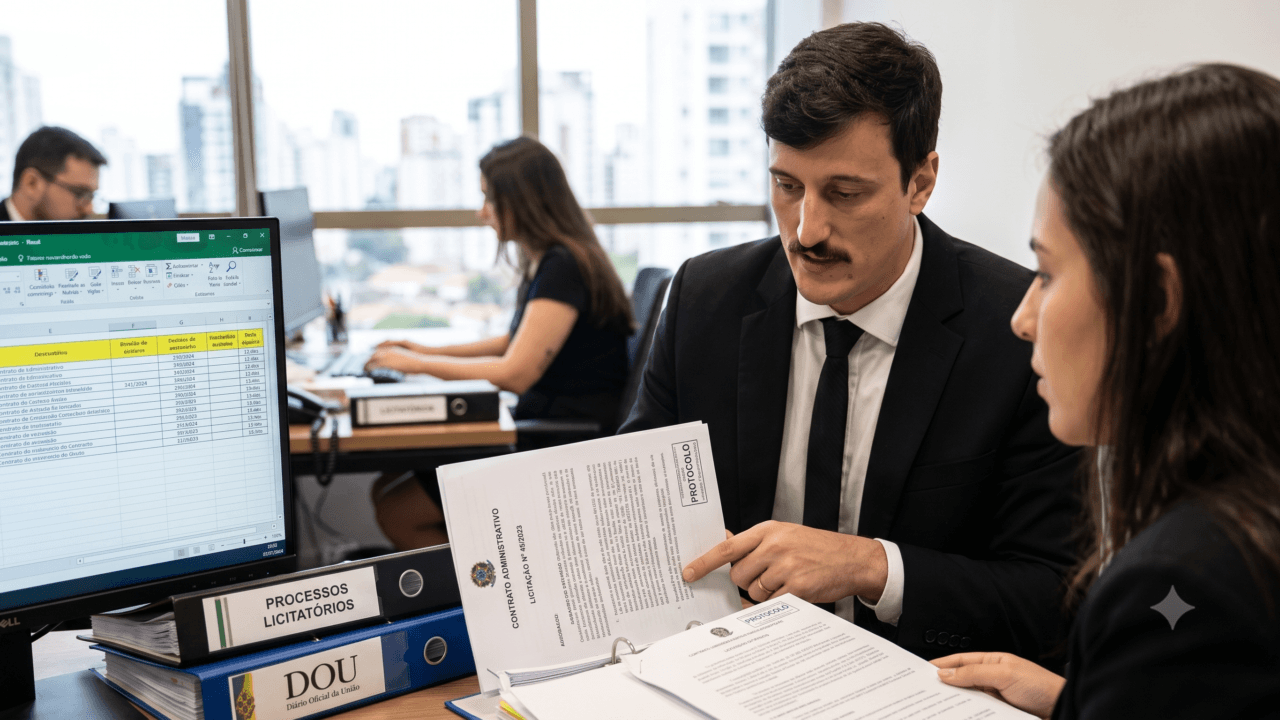 Equipe jurídica especializada traçando estratégias para a gestão de contratos administrativos.