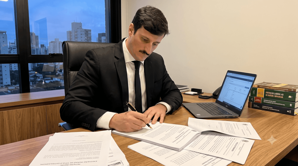 Documentos em uma mesa de escritório prontos para iniciar o processo de execução de título extrajudicial