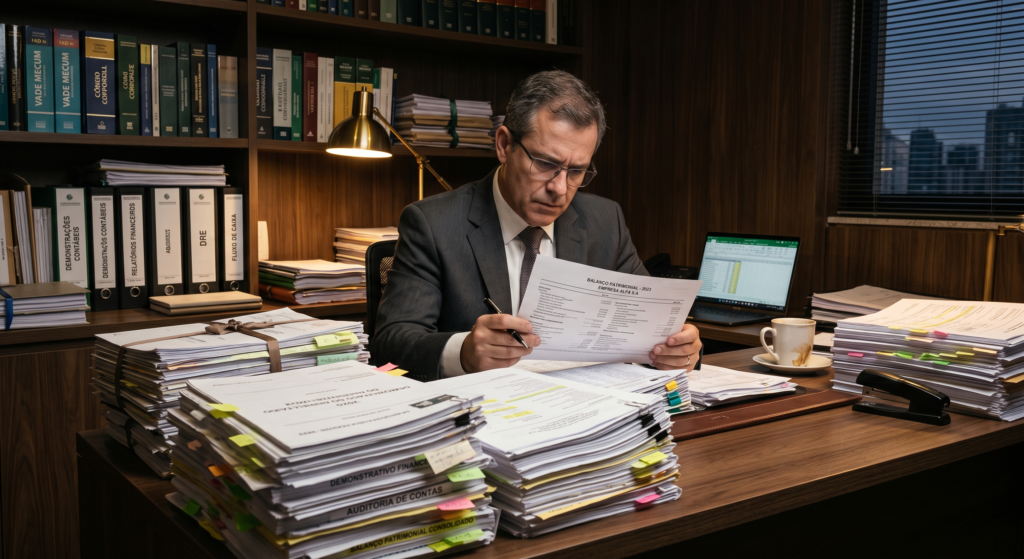 Profissional analisando documentos financeiros para requerer gratuidade de justiça para pessoa jurídica