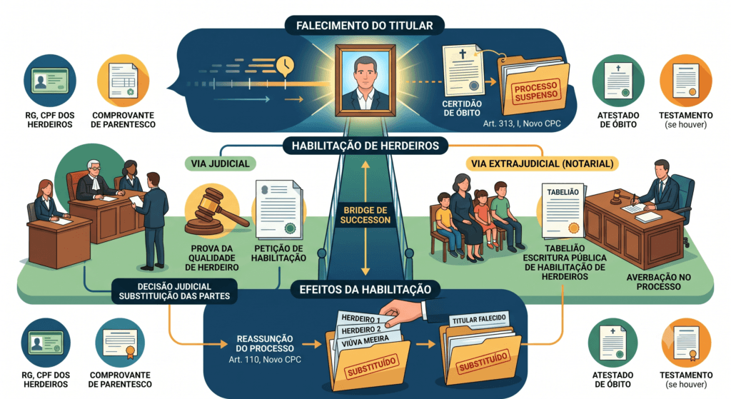 Um juiz analisa atentamente os documentos necessários para deferir a habilitação de herdeiros no processo