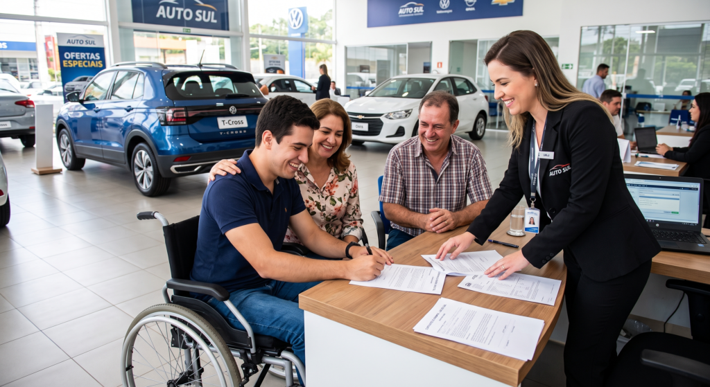 Família assinando documentos de isenção tributária na aquisição de automóveis em uma concessionária.