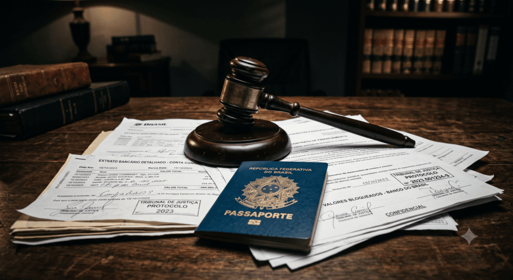 Ilustração de um processo judicial representando o deferimento de medidas executivas atípicas, como a apreensão de passaporte.