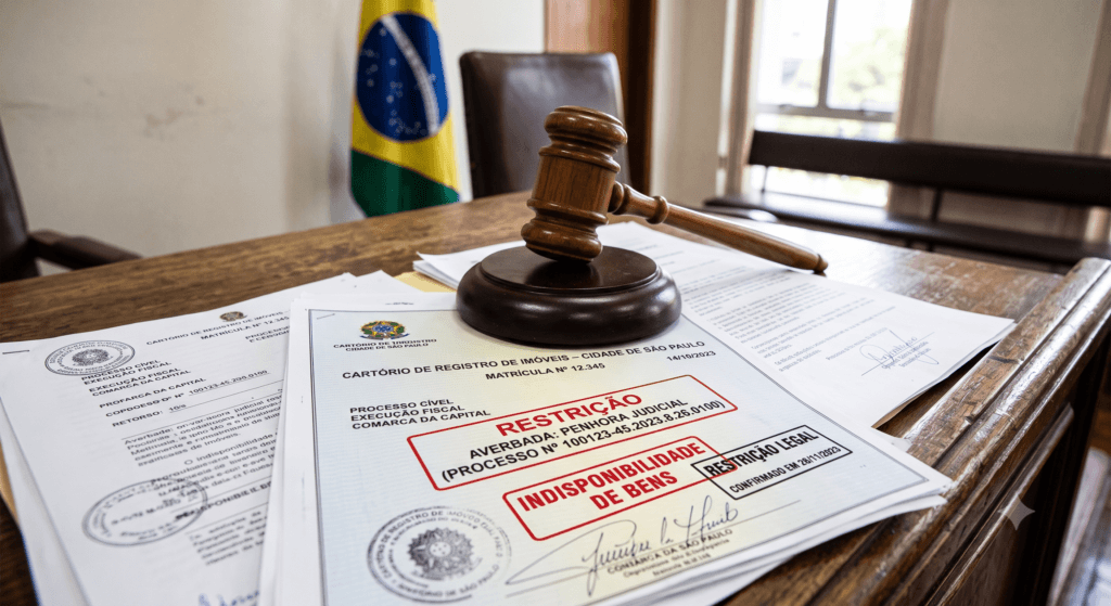 Ilustração representando a pluralidade de penhoras sobre a matrícula de um bem imóvel no processo civil.
