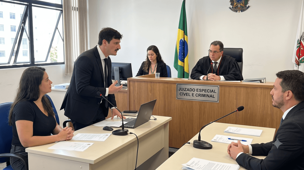 Advogados em audiência de conciliação no procedimento sumário