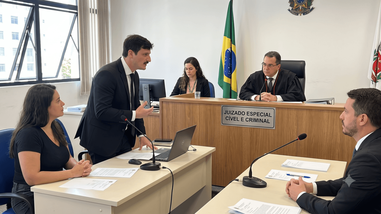 Advogados em audiência de conciliação no procedimento sumário