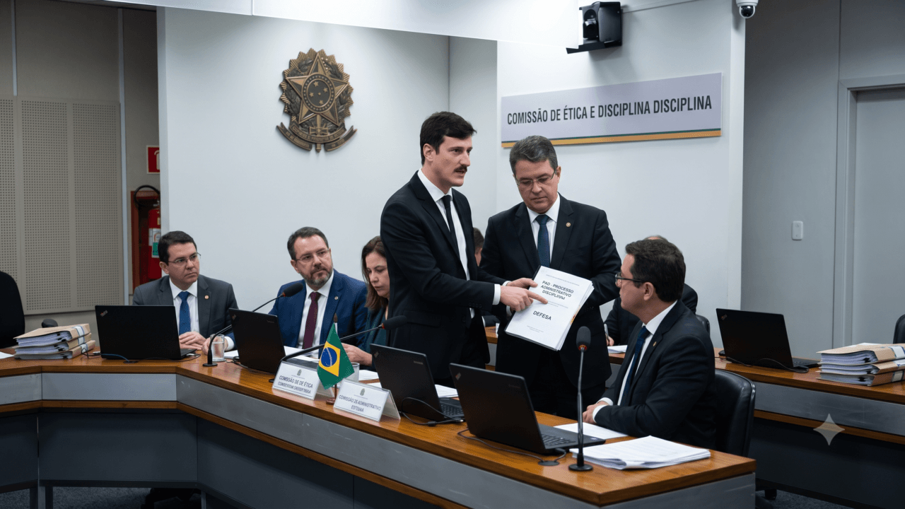 Documentos legais sobre a mesa durante a análise de um processo administrativo disciplinar