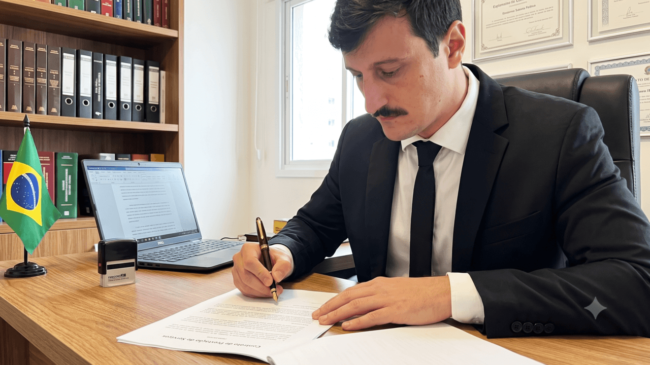 Profissional jurídico focado na redação de contratos e petições em seu escritório.