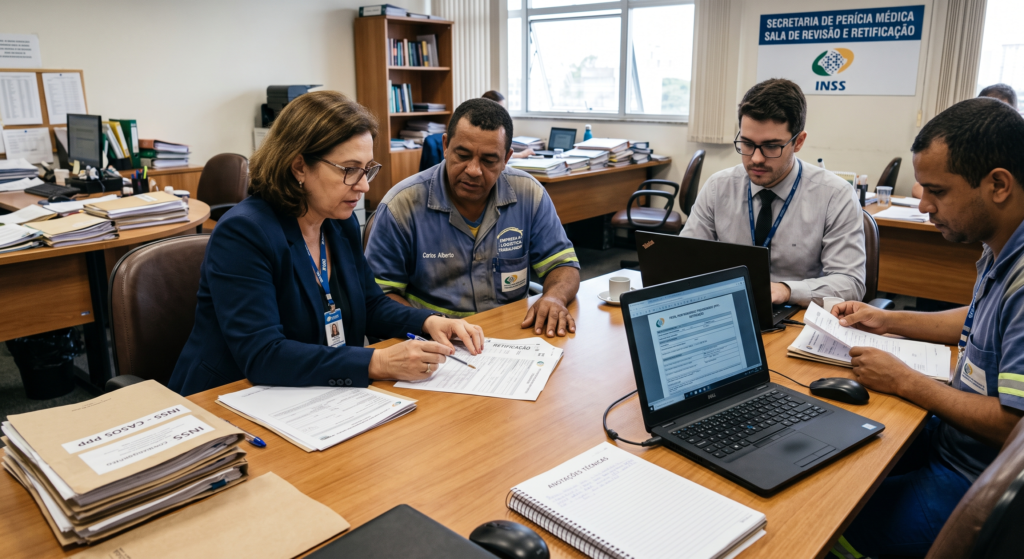 Profissional analisando processo de retificação de Perfil Profissiográfico Previdenciário (PPP) em escritório.