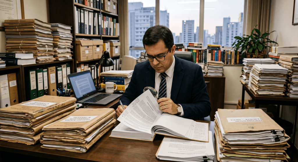 Profissional jurídico analisando cláusulas contratuais para a revogação de débito automático em favor do consumidor.