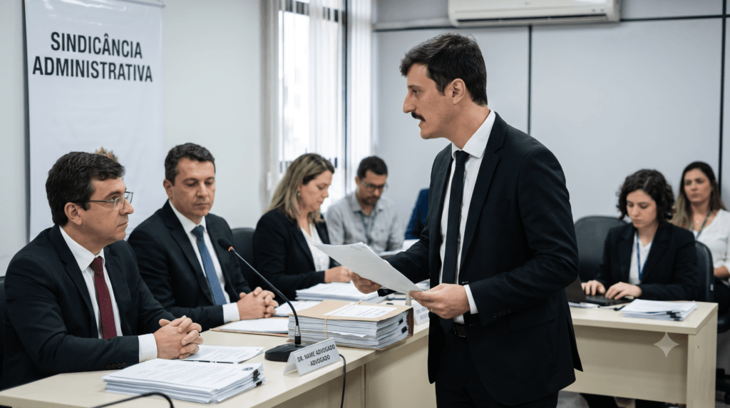 Documentos jurídicos sobre uma mesa durante o processo de sindicância administrativa